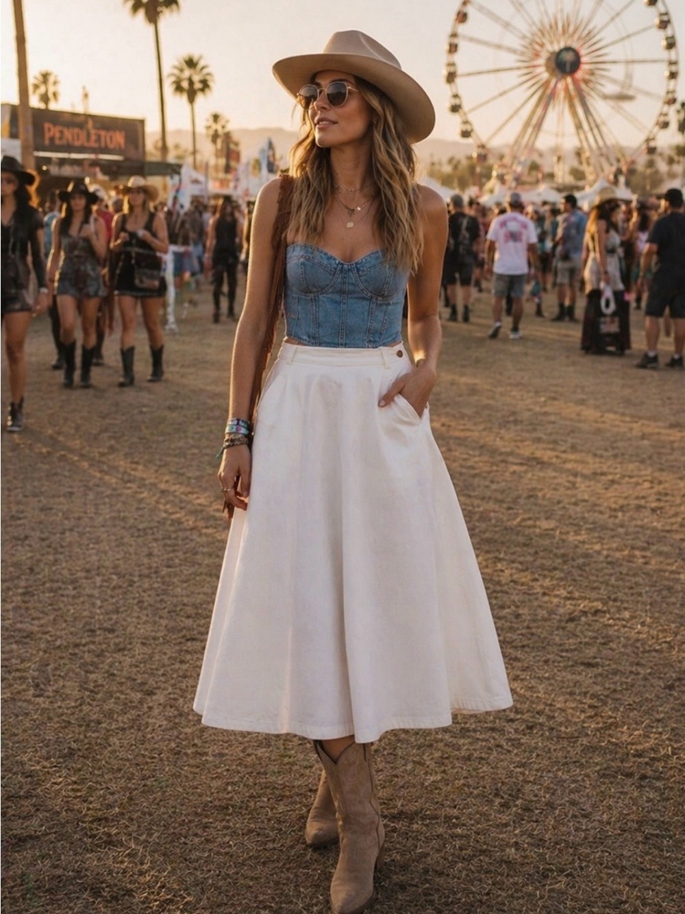 Free People White Denim A Line Midi Skirt in White size 2 Minimalist Chic